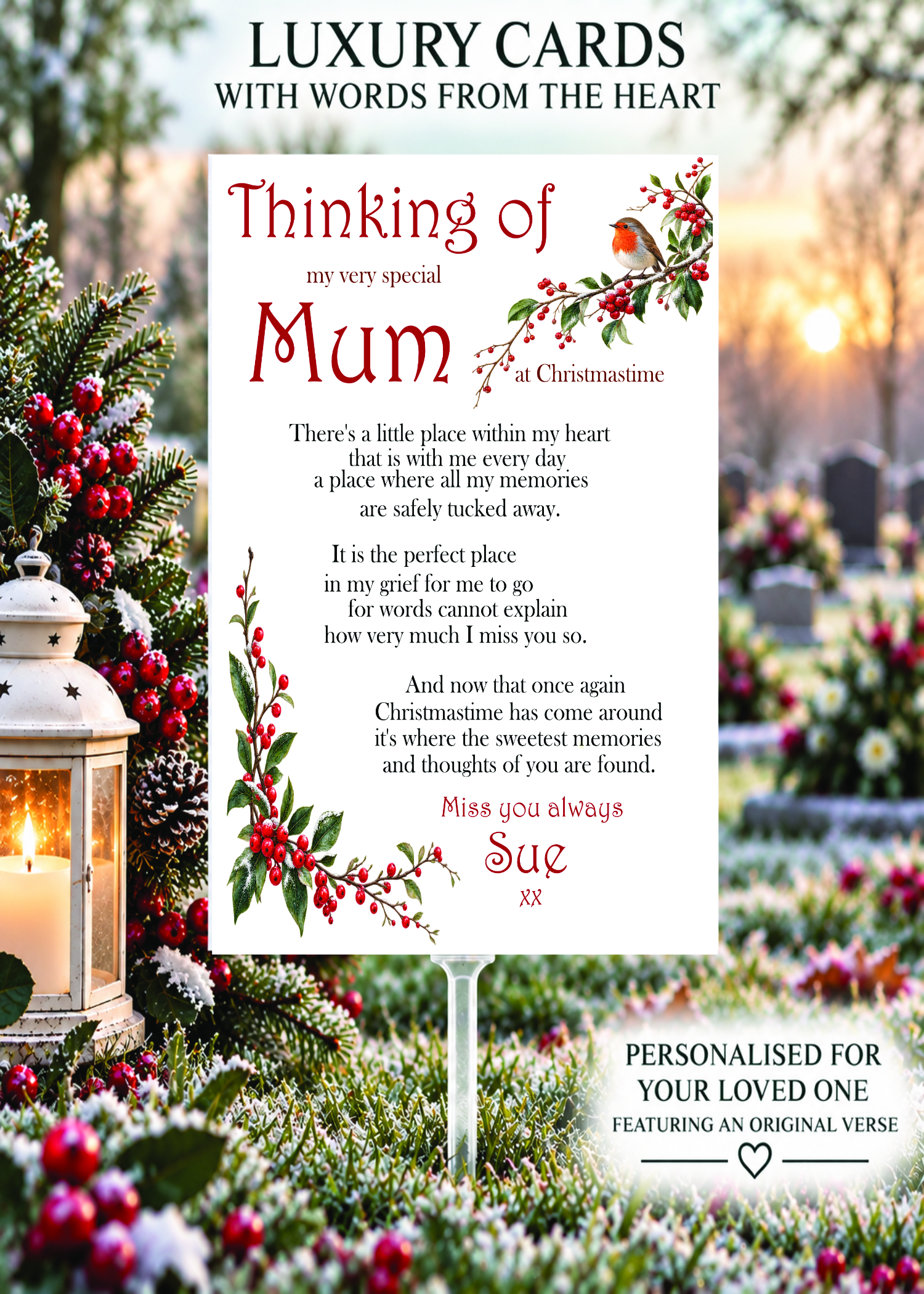 Personalised Christmas graveside memorial card for Mum with robin and red berry design, original remembrance verse and clear grave holder