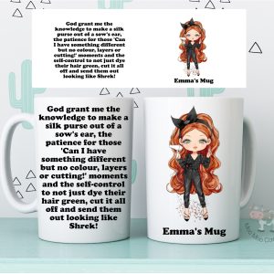 Personalised female hairdresser mug with funny hairdressing quote and custom name