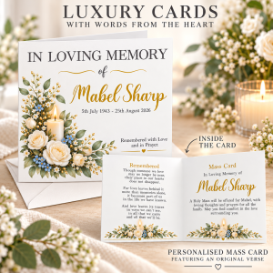 Personalised Mass card showing floral candle memorial design and original remembrance verse inside