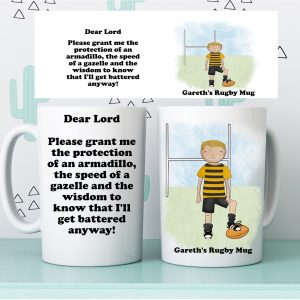 Personalised rugby player mug with funny serenity prayer, custom name and rugby character