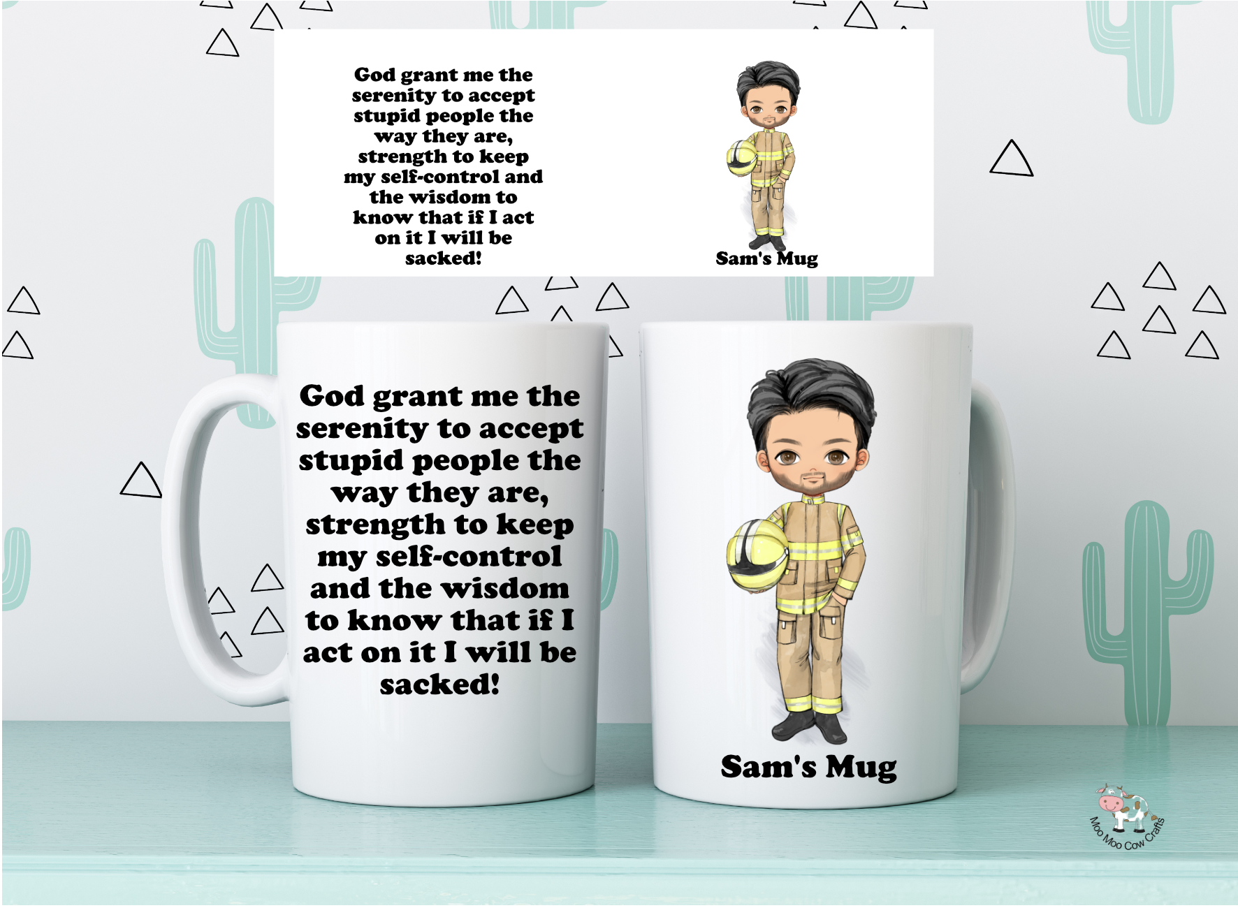 Personalised fireman mug with humorous serenity quote, firefighter character and custom name