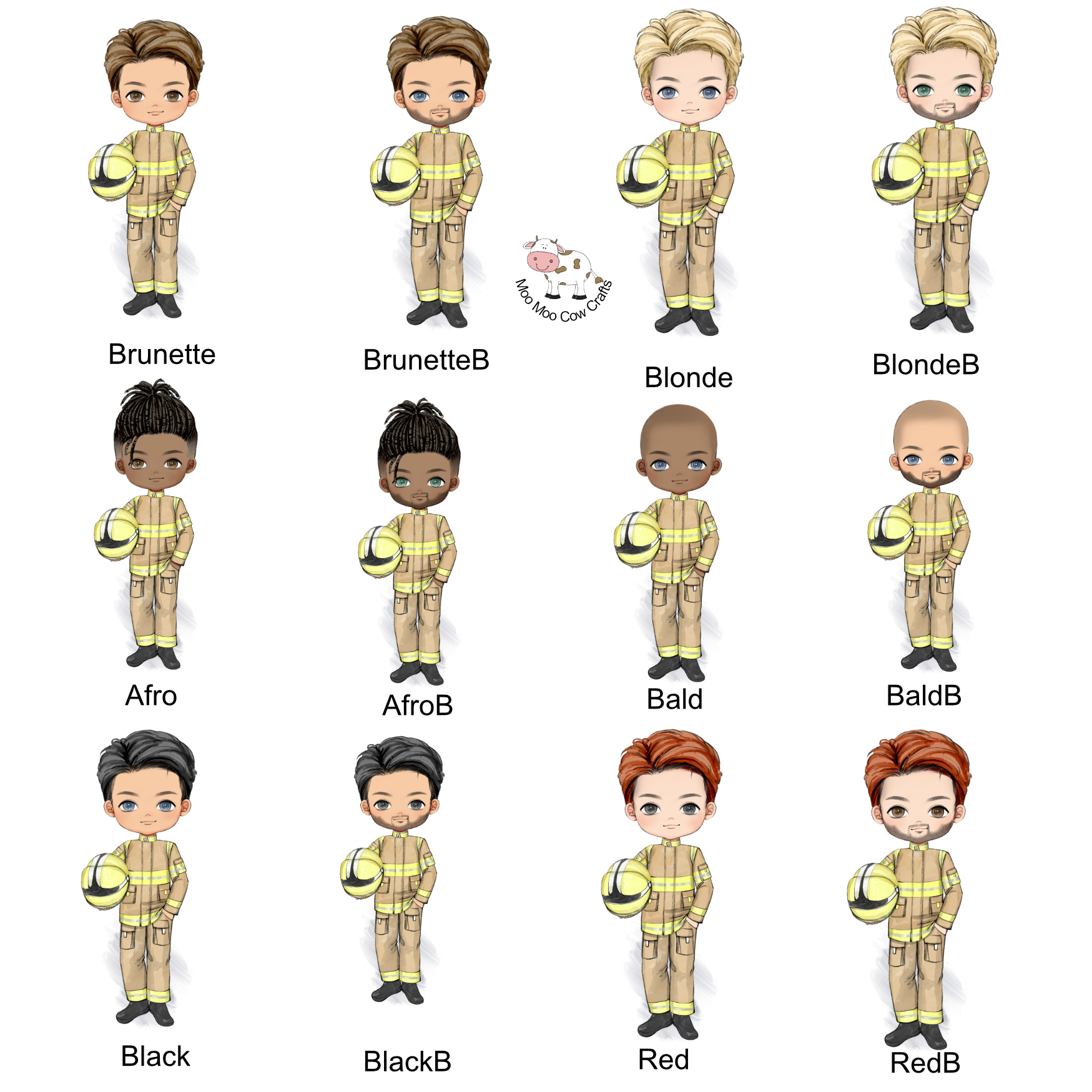 Fireman mug character options with different hair colours, skin tones, hairstyles and beard choices