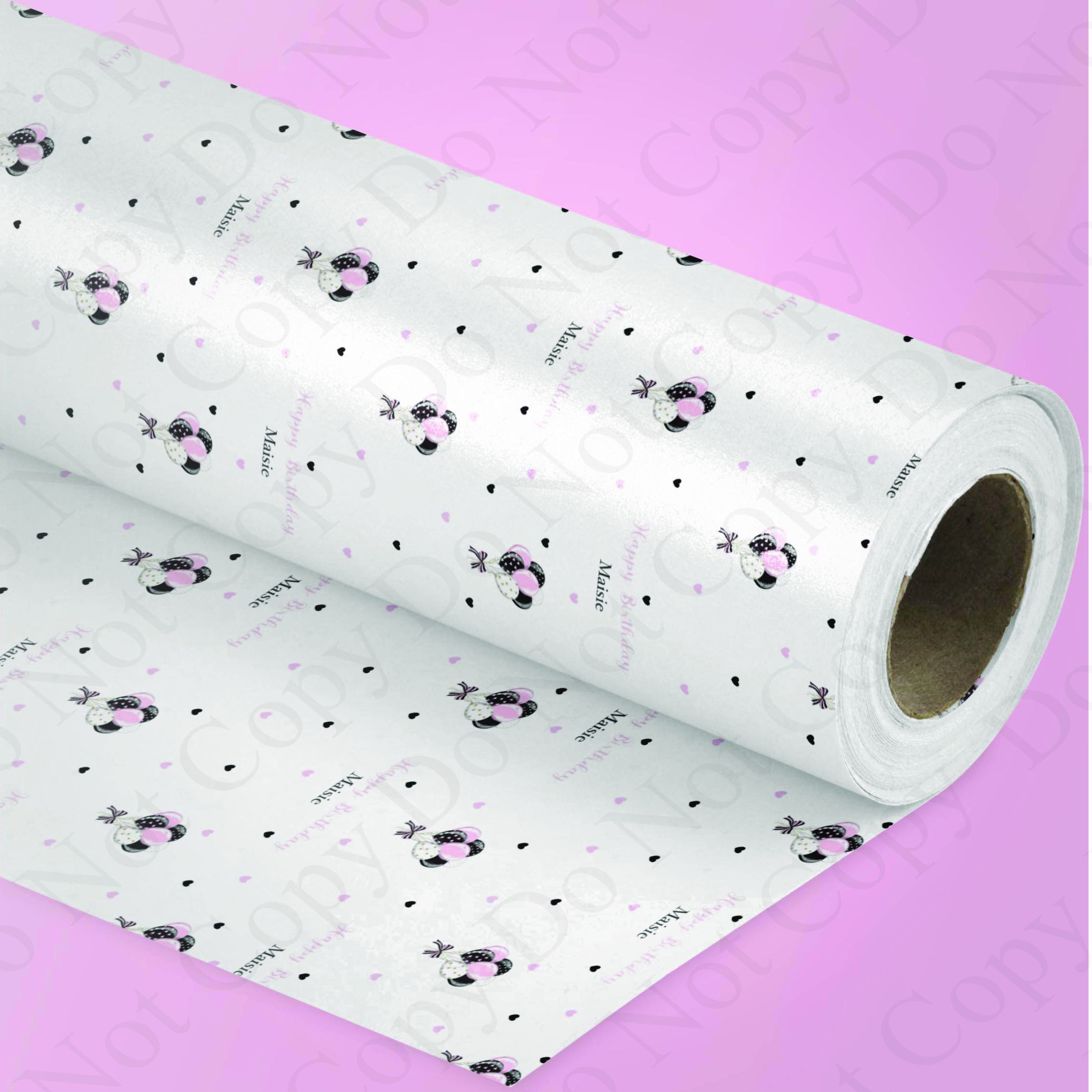birthday gift wrap personalised name pink black balloons hearts daughter granddaughter sister niece friend girls women teenager child custom wrapping paper celebration presents